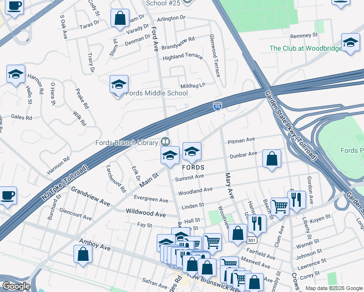 map of restaurants, bars, coffee shops, grocery stores, and more near 18 Drummond Avenue in Woodbridge Township