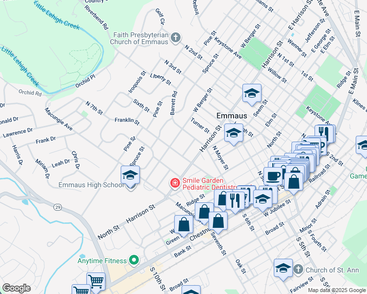 map of restaurants, bars, coffee shops, grocery stores, and more near 631 West Greenleaf Street in Emmaus