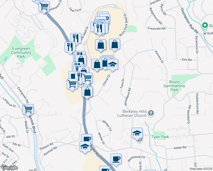 map of restaurants, bars, coffee shops, grocery stores, and more near 3001 McKnight East Drive in Pittsburgh
