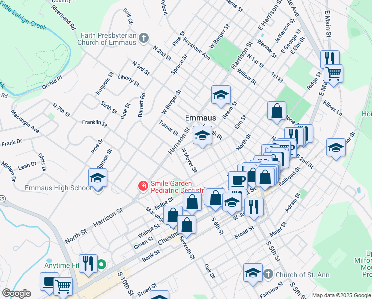 map of restaurants, bars, coffee shops, grocery stores, and more near in Emmaus