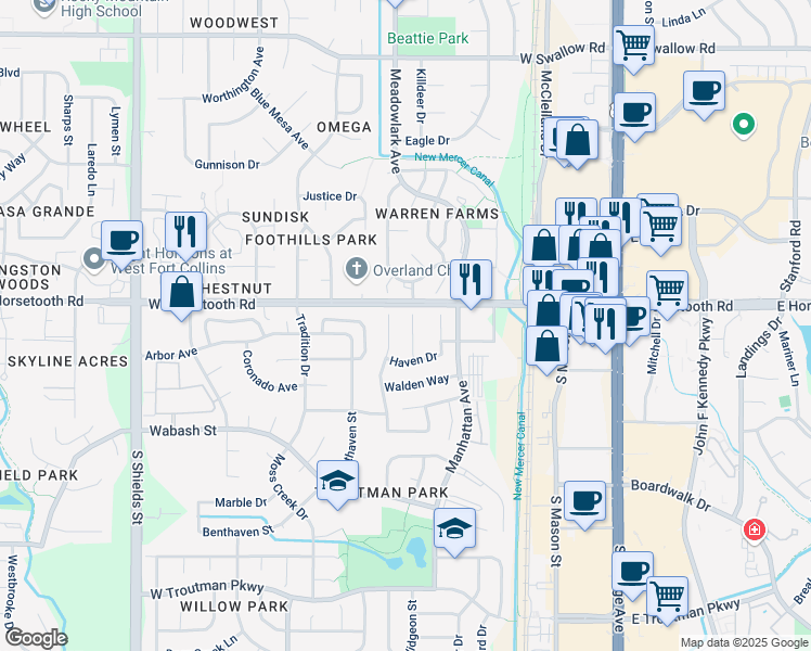 map of restaurants, bars, coffee shops, grocery stores, and more near 3621 Mayflower Court in Fort Collins