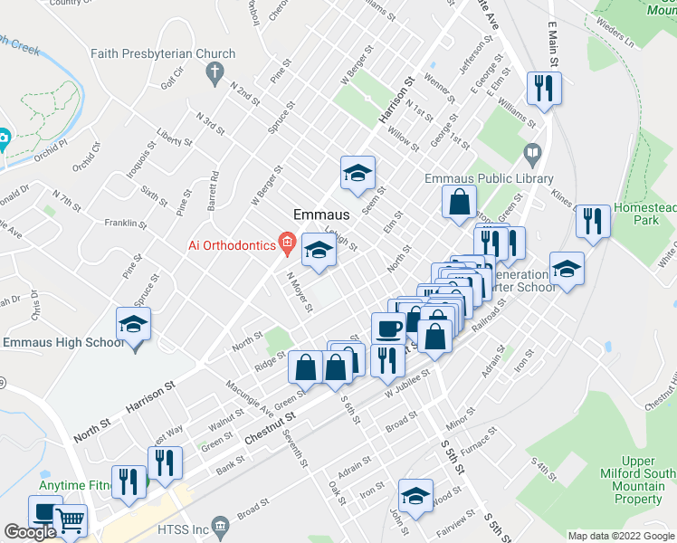 map of restaurants, bars, coffee shops, grocery stores, and more near 252 North 5th Street in Emmaus
