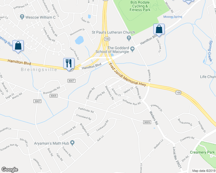 map of restaurants, bars, coffee shops, grocery stores, and more near 1543 Artisan Court in Breinigsville