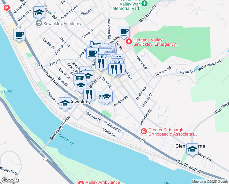 map of restaurants, bars, coffee shops, grocery stores, and more near 701 Thorn Street in Sewickley