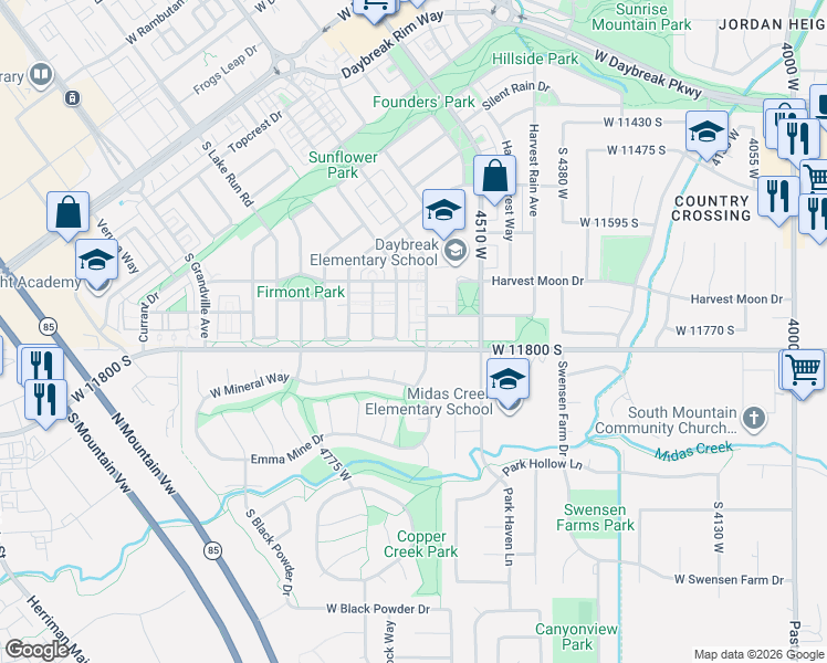 map of restaurants, bars, coffee shops, grocery stores, and more near 11774 Oakmond Road in South Jordan
