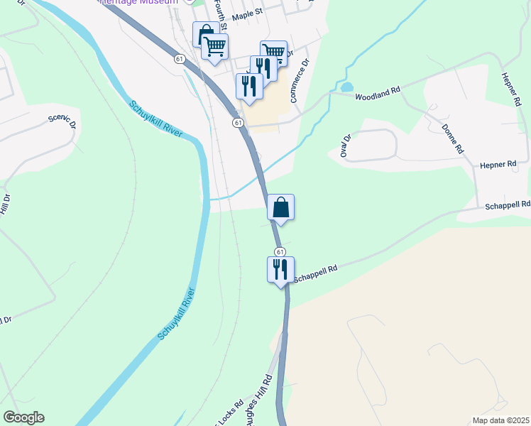 map of restaurants, bars, coffee shops, grocery stores, and more near 16611 Pottsville Pike in Hamburg