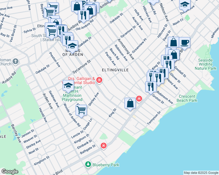 map of restaurants, bars, coffee shops, grocery stores, and more near 139 Ridgecrest Avenue in Staten Island