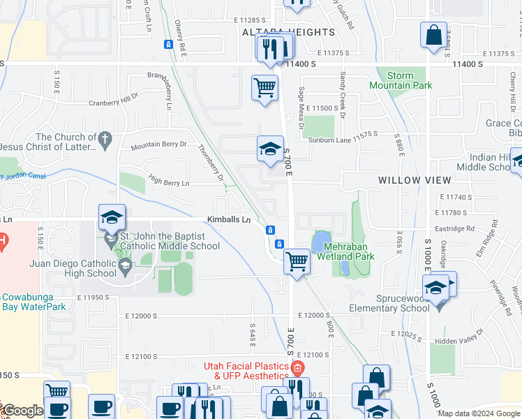 map of restaurants, bars, coffee shops, grocery stores, and more near 11774 South Shadow View Lane in Draper