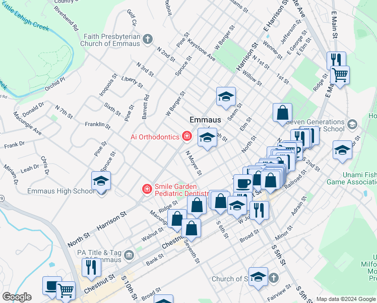 map of restaurants, bars, coffee shops, grocery stores, and more near 554 Seem Street in Emmaus