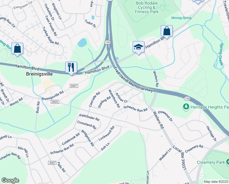 map of restaurants, bars, coffee shops, grocery stores, and more near 1384 Artisan Court in Breinigsville