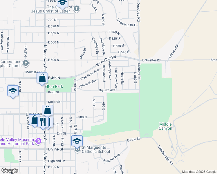 map of restaurants, bars, coffee shops, grocery stores, and more near 347 Antelope Avenue in Tooele