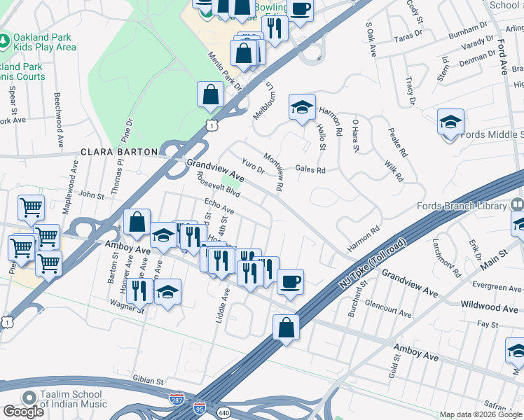 map of restaurants, bars, coffee shops, grocery stores, and more near 27 Roosevelt Boulevard in Edison