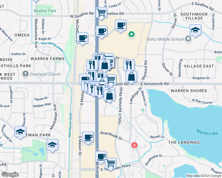 map of restaurants, bars, coffee shops, grocery stores, and more near 3600 Mitchell Drive in Fort Collins