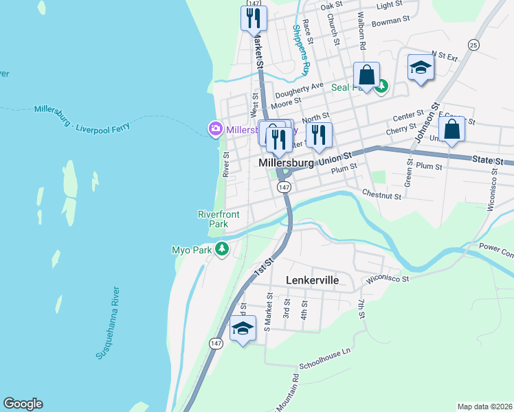 map of restaurants, bars, coffee shops, grocery stores, and more near 148 Pine Street in Millersburg