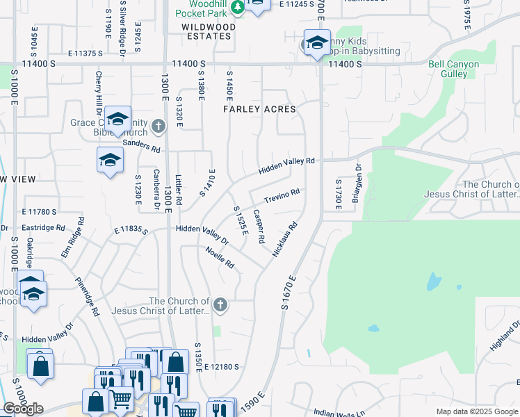 map of restaurants, bars, coffee shops, grocery stores, and more near 1576 Trevino Road in Sandy