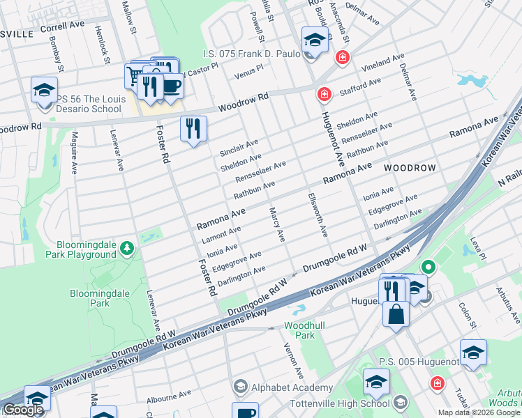map of restaurants, bars, coffee shops, grocery stores, and more near 450 Ramona Avenue in Staten Island