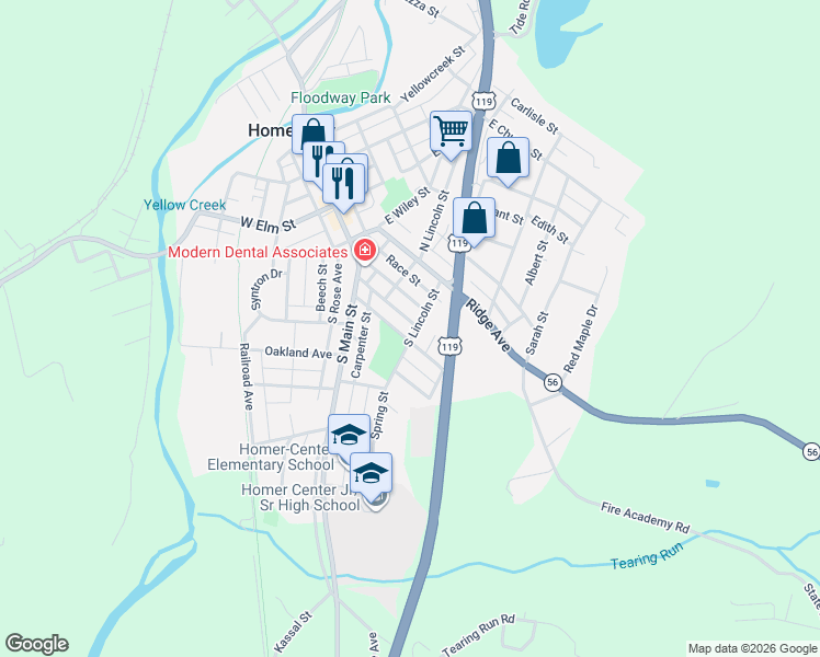 map of restaurants, bars, coffee shops, grocery stores, and more near 64 Harrison Street in Homer City