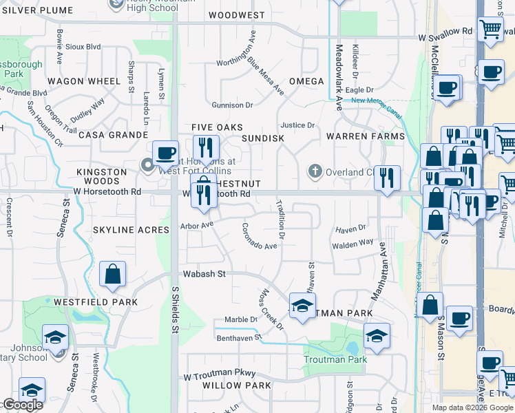 map of restaurants, bars, coffee shops, grocery stores, and more near 900 Arbor Avenue in Fort Collins