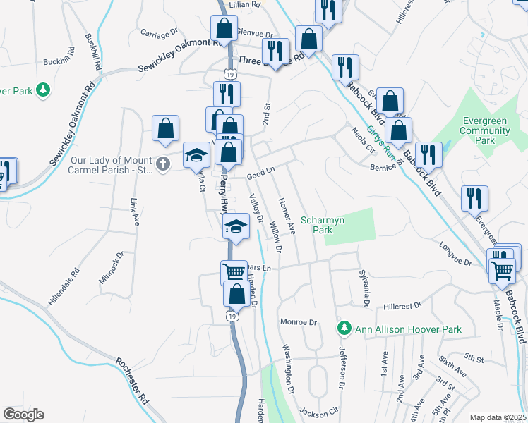map of restaurants, bars, coffee shops, grocery stores, and more near 1015 Willow Drive in Pittsburgh