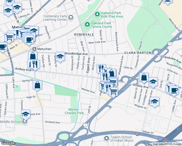 map of restaurants, bars, coffee shops, grocery stores, and more near 19 McCoy Avenue in Metuchen
