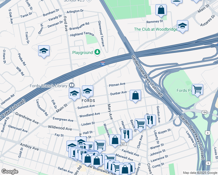 map of restaurants, bars, coffee shops, grocery stores, and more near 20 Pitman Avenue in Woodbridge Township