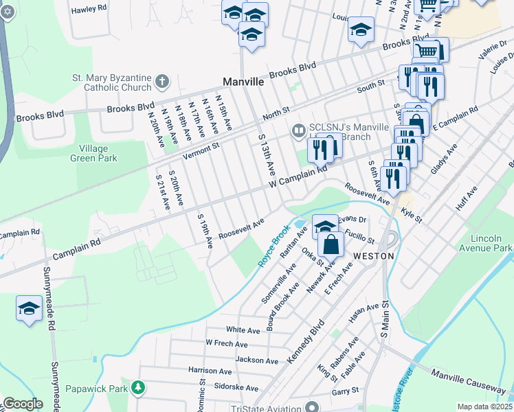 map of restaurants, bars, coffee shops, grocery stores, and more near 221 South 15th Avenue in Manville