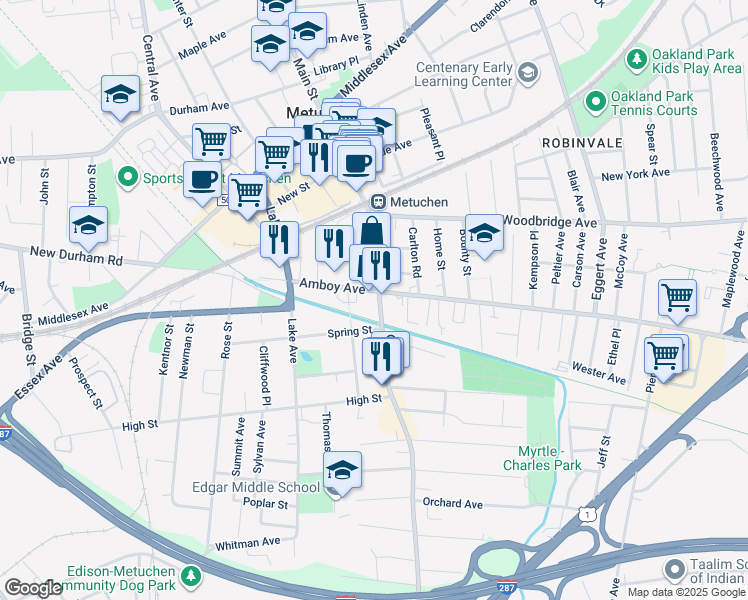 map of restaurants, bars, coffee shops, grocery stores, and more near 287 Amboy Avenue in Metuchen