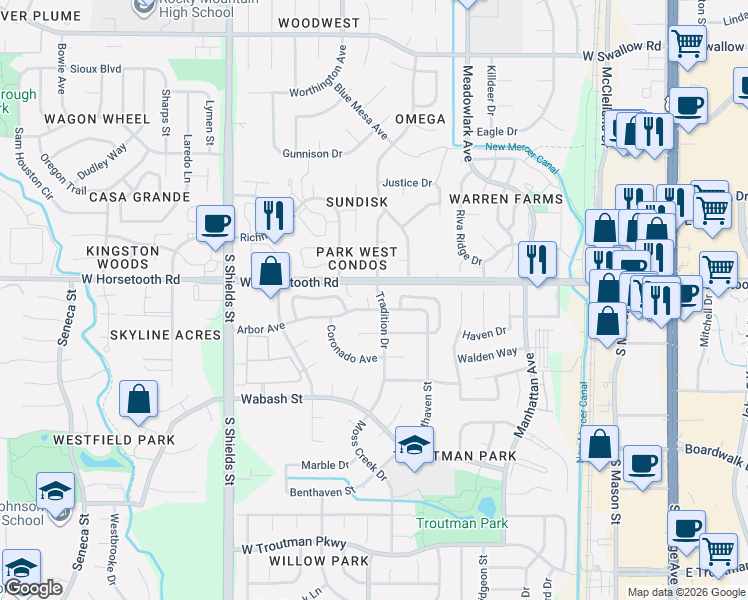 map of restaurants, bars, coffee shops, grocery stores, and more near 814 Arbor Avenue in Fort Collins