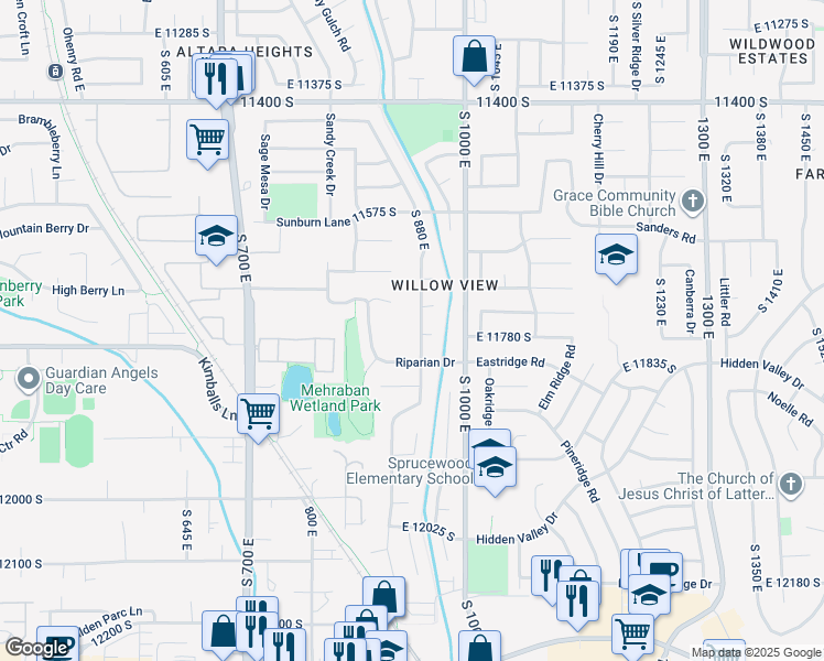 map of restaurants, bars, coffee shops, grocery stores, and more near 11777 Willow Wood Drive in Draper