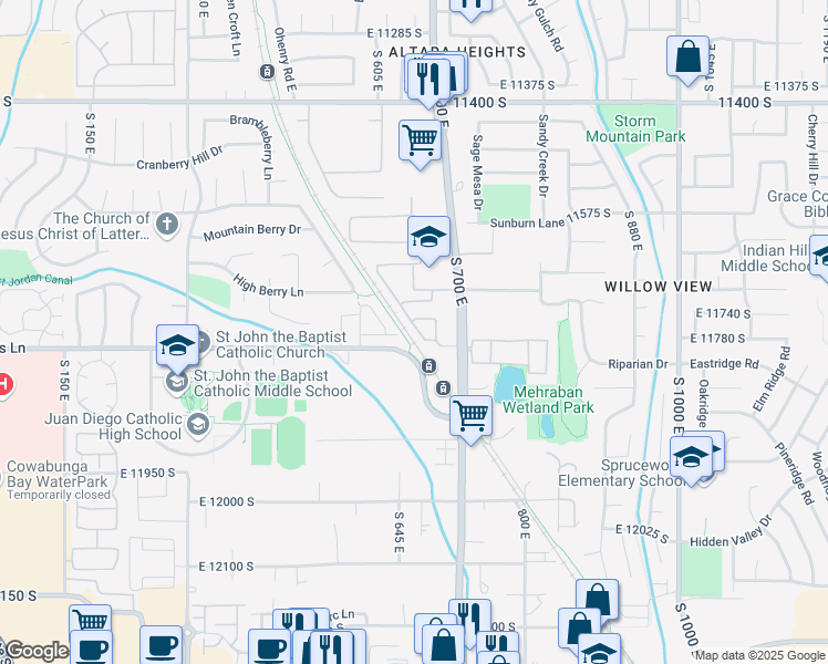 map of restaurants, bars, coffee shops, grocery stores, and more near 11774 South Shadow View Lane in Draper