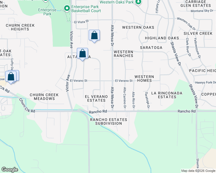 map of restaurants, bars, coffee shops, grocery stores, and more near 4832 Alta Mesa Drive in Redding