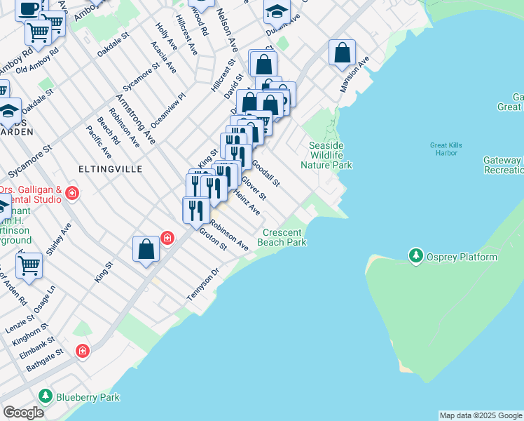 map of restaurants, bars, coffee shops, grocery stores, and more near 84 Glover Street in Staten Island