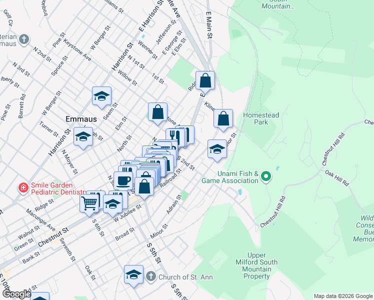 map of restaurants, bars, coffee shops, grocery stores, and more near 23 South Cherry Street in Emmaus