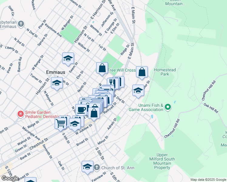 map of restaurants, bars, coffee shops, grocery stores, and more near 195 Main Street in Emmaus