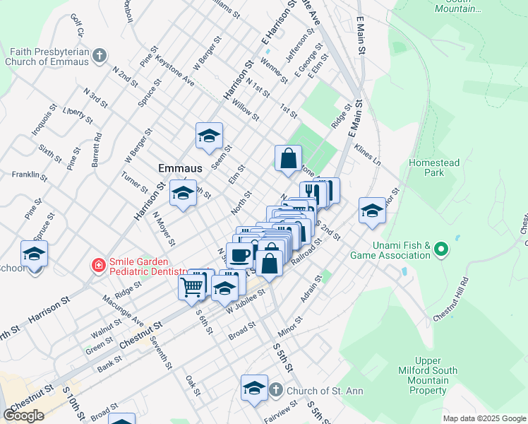 map of restaurants, bars, coffee shops, grocery stores, and more near 239 Ridge Street in Emmaus
