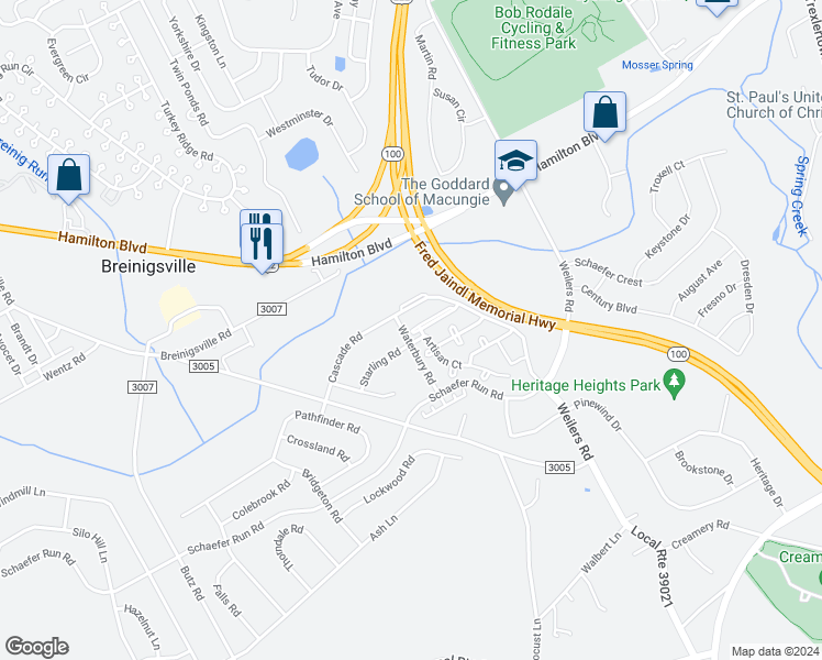 map of restaurants, bars, coffee shops, grocery stores, and more near 1435 Artisan Court in Breinigsville