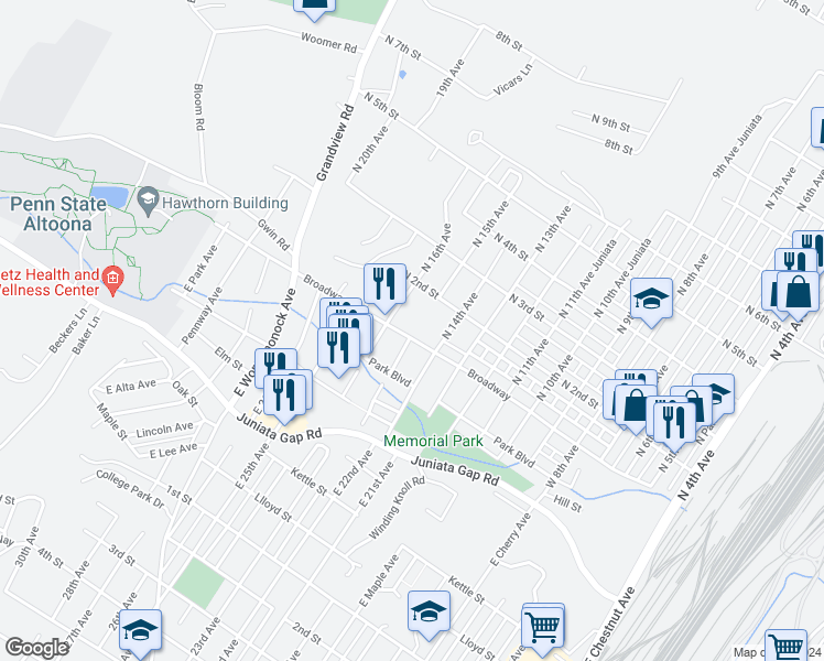 map of restaurants, bars, coffee shops, grocery stores, and more near in Altoona