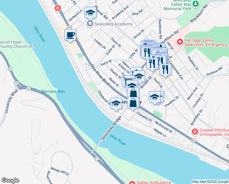 map of restaurants, bars, coffee shops, grocery stores, and more near 320 Ohio River Boulevard in Sewickley