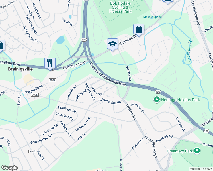 map of restaurants, bars, coffee shops, grocery stores, and more near 8436 Cromwell Court in Breinigsville