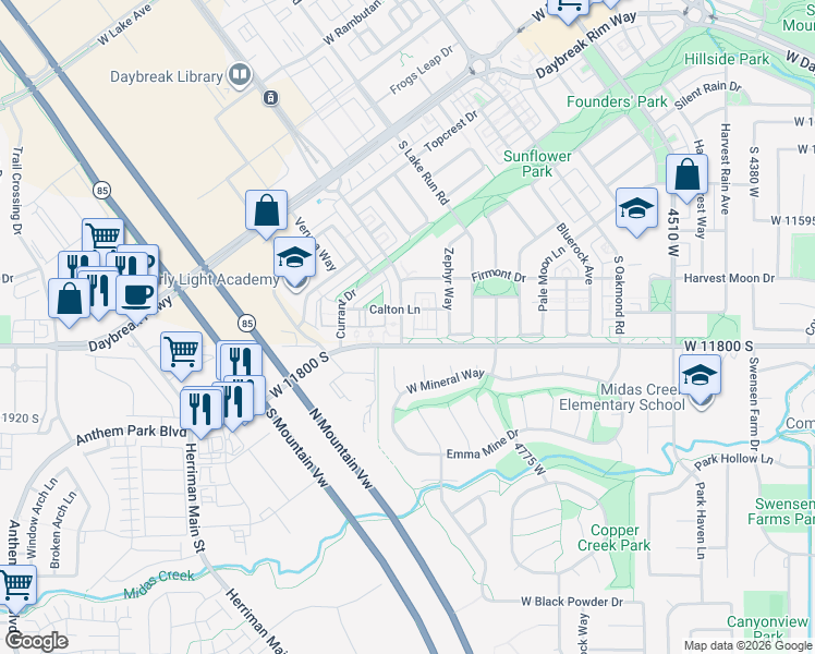 map of restaurants, bars, coffee shops, grocery stores, and more near 11776 Grandville Avenue in South Jordan