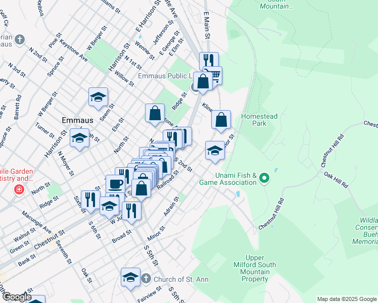 map of restaurants, bars, coffee shops, grocery stores, and more near 23 South Cherry Street in Emmaus