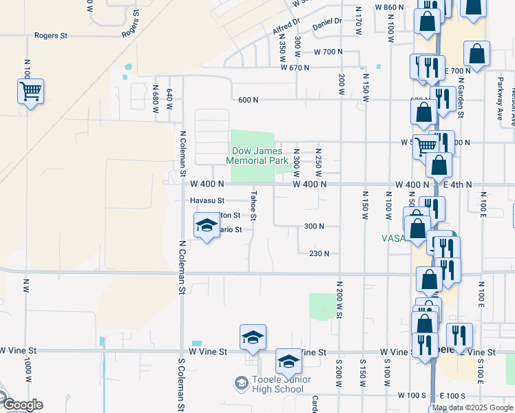 map of restaurants, bars, coffee shops, grocery stores, and more near 370 Tahoe St in Tooele