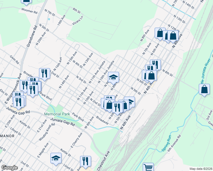 map of restaurants, bars, coffee shops, grocery stores, and more near 801-899 N 4th St in Altoona