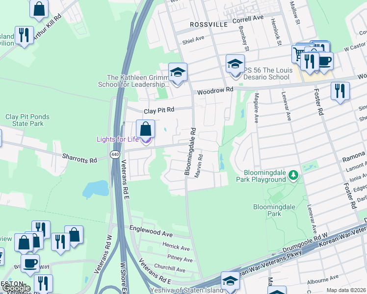 map of restaurants, bars, coffee shops, grocery stores, and more near 22 Sharrotts Road in Staten Island