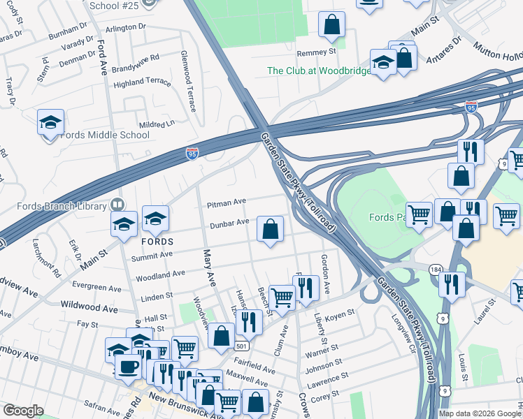 map of restaurants, bars, coffee shops, grocery stores, and more near 141 Dunbar Avenue in Woodbridge Township