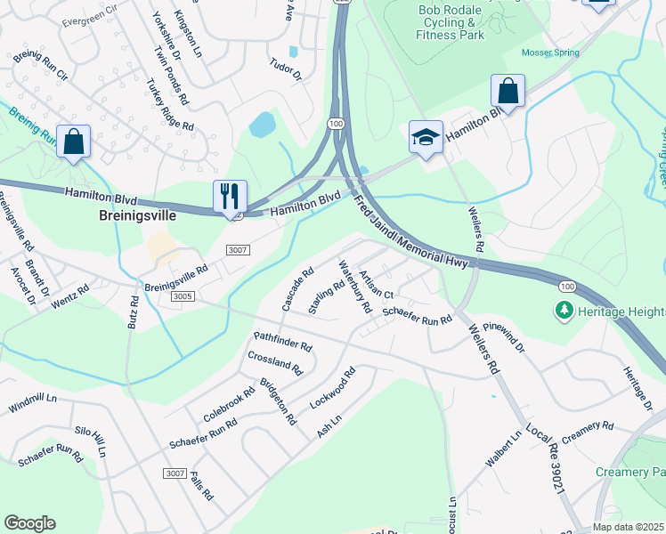 map of restaurants, bars, coffee shops, grocery stores, and more near 8592 Cascade Road in Breinigsville