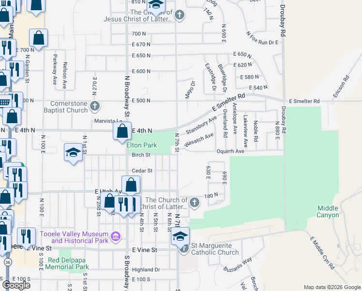 map of restaurants, bars, coffee shops, grocery stores, and more near 350 North 7th Street in Tooele