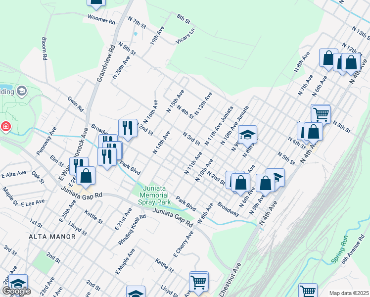 map of restaurants, bars, coffee shops, grocery stores, and more near 209 North 12th Avenue in Altoona