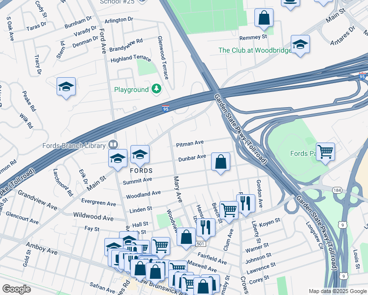map of restaurants, bars, coffee shops, grocery stores, and more near 20 Pitman Avenue in Woodbridge Township