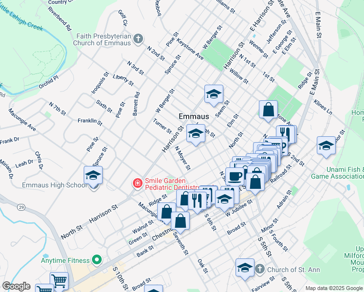 map of restaurants, bars, coffee shops, grocery stores, and more near 542 Seem Street in Emmaus